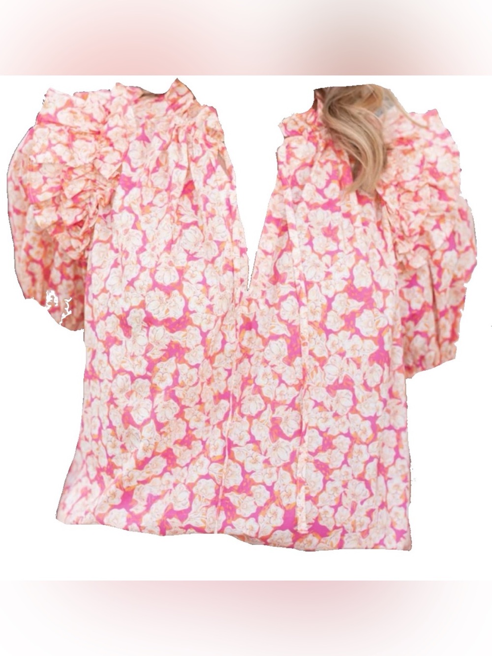 Avara Amelia Pink Floral Ruffle V-Neck Top Small